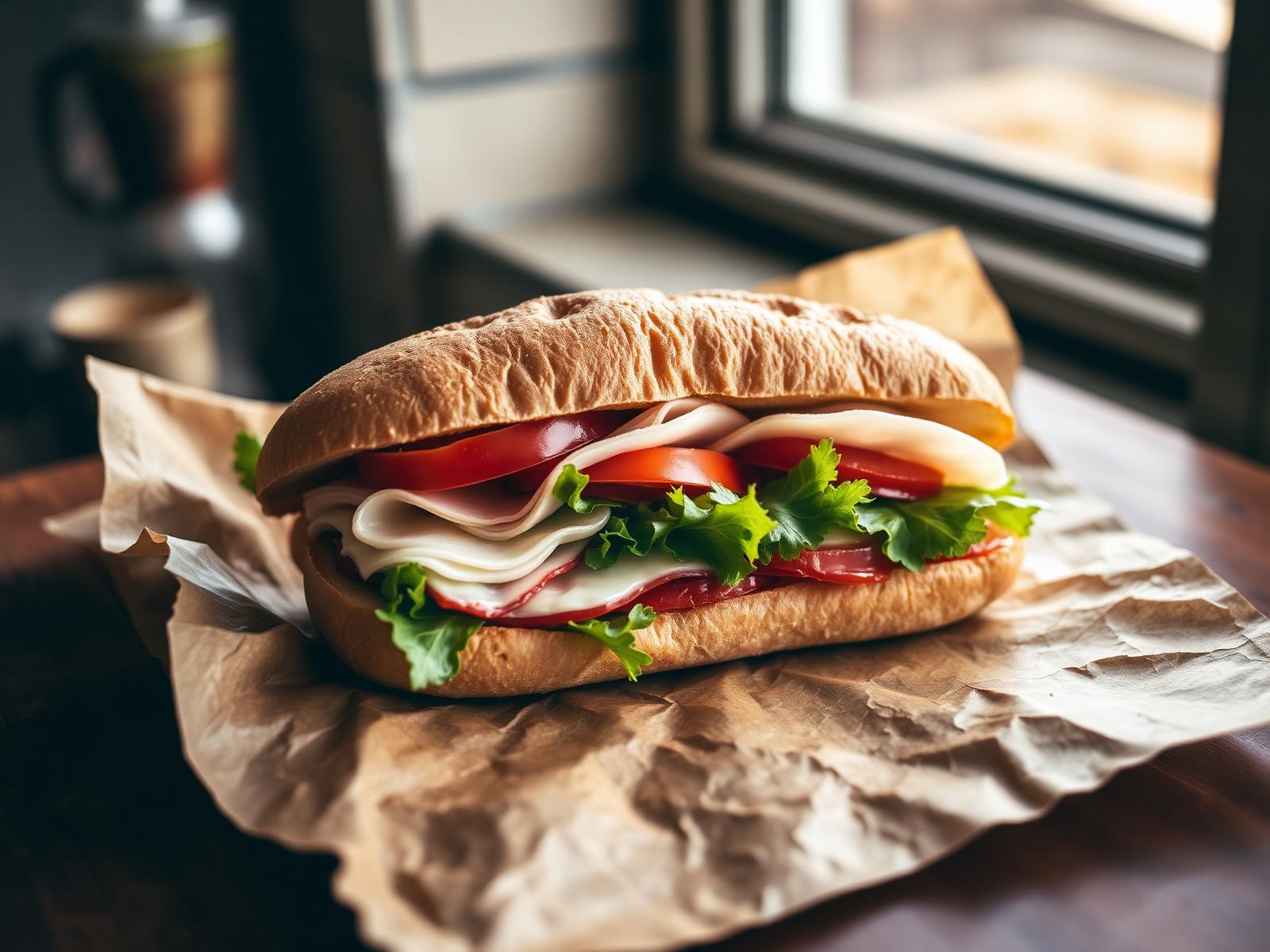 Freshly made hoagie on parchment paper at Museum Deli