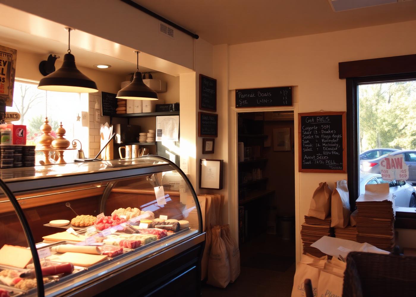 Warm interior of Museum Deli with display case
